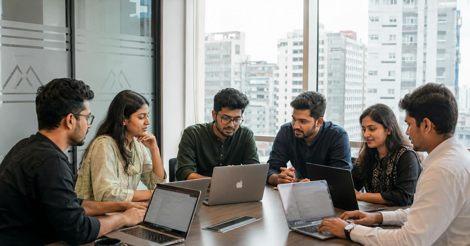 Six colleagues working together around a conference table with laptops, city towers outside the window