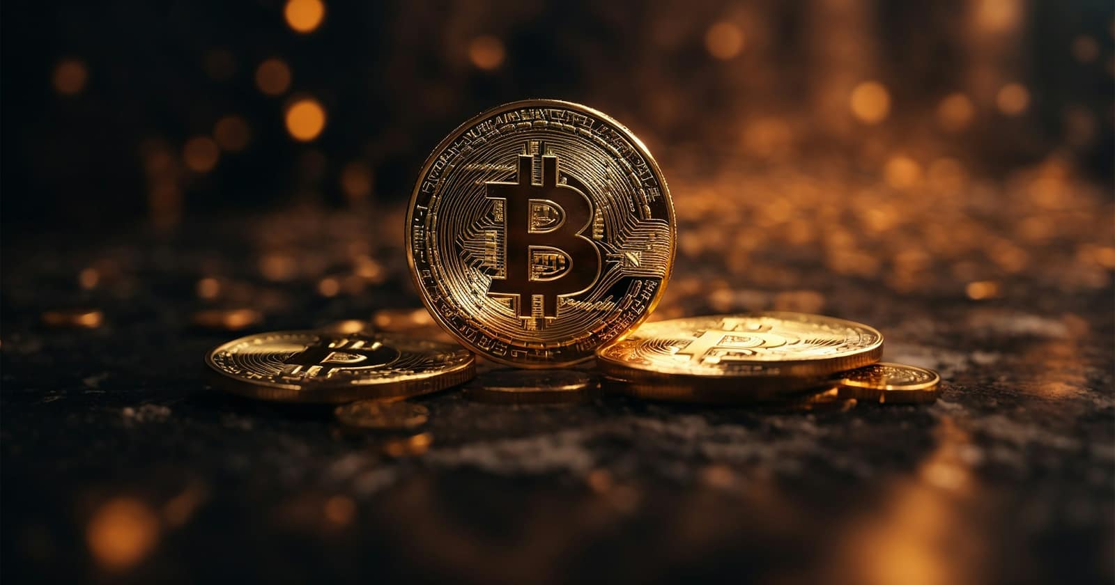 A gold bitcoin standing on a scatter of coins against a dark, glowing background