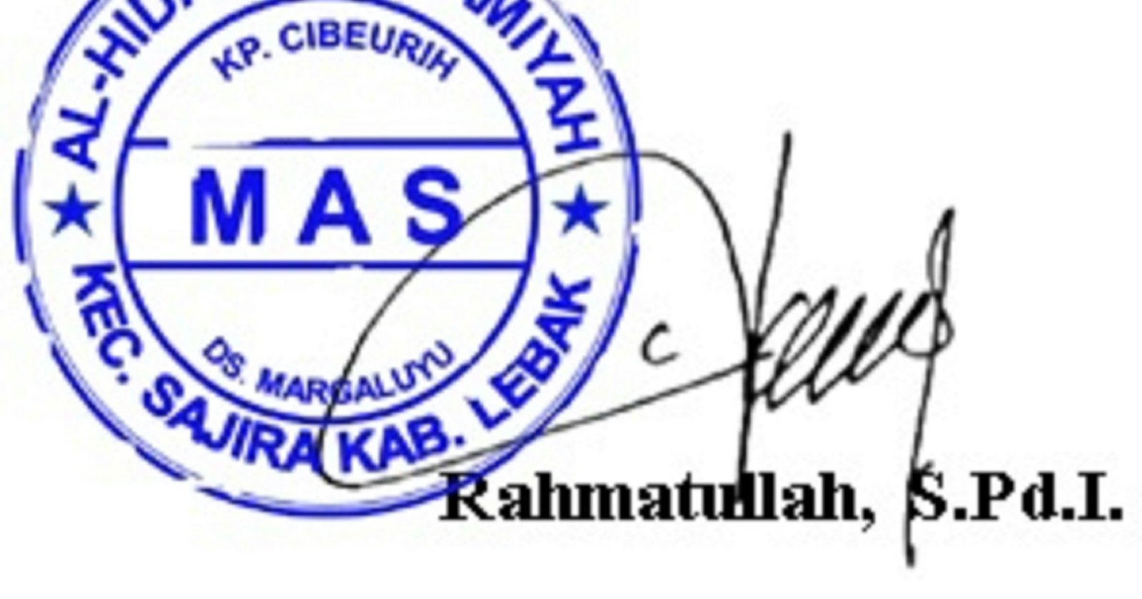 A blue circular rubber stamp on paper, a signature beneath it