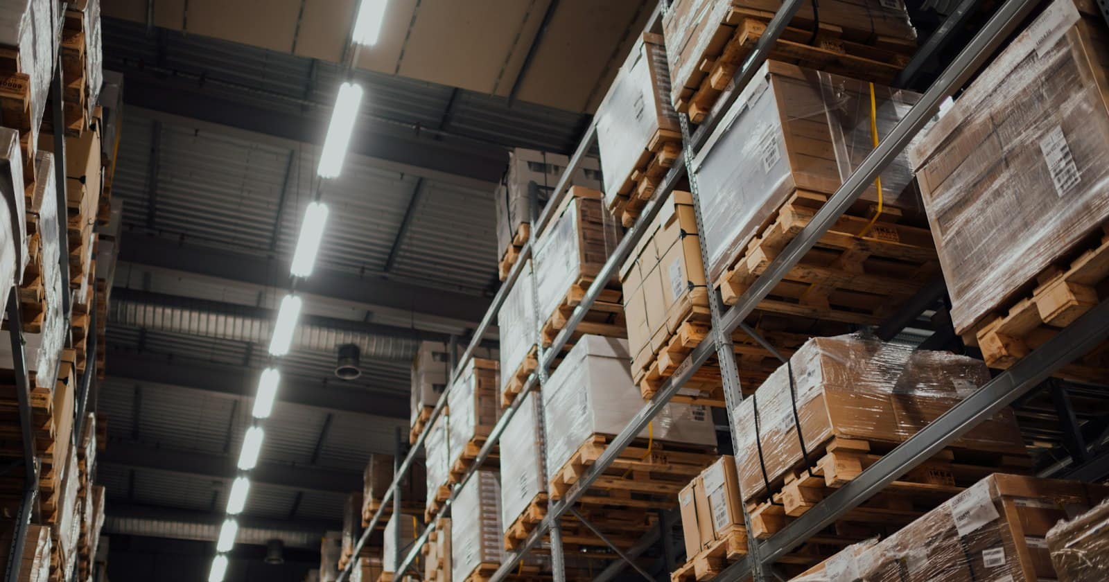 Warehouse racks stacked with boxed goods
