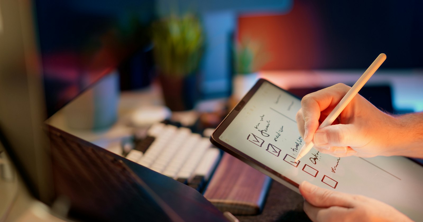 A hand writing on a tablet with a stylus